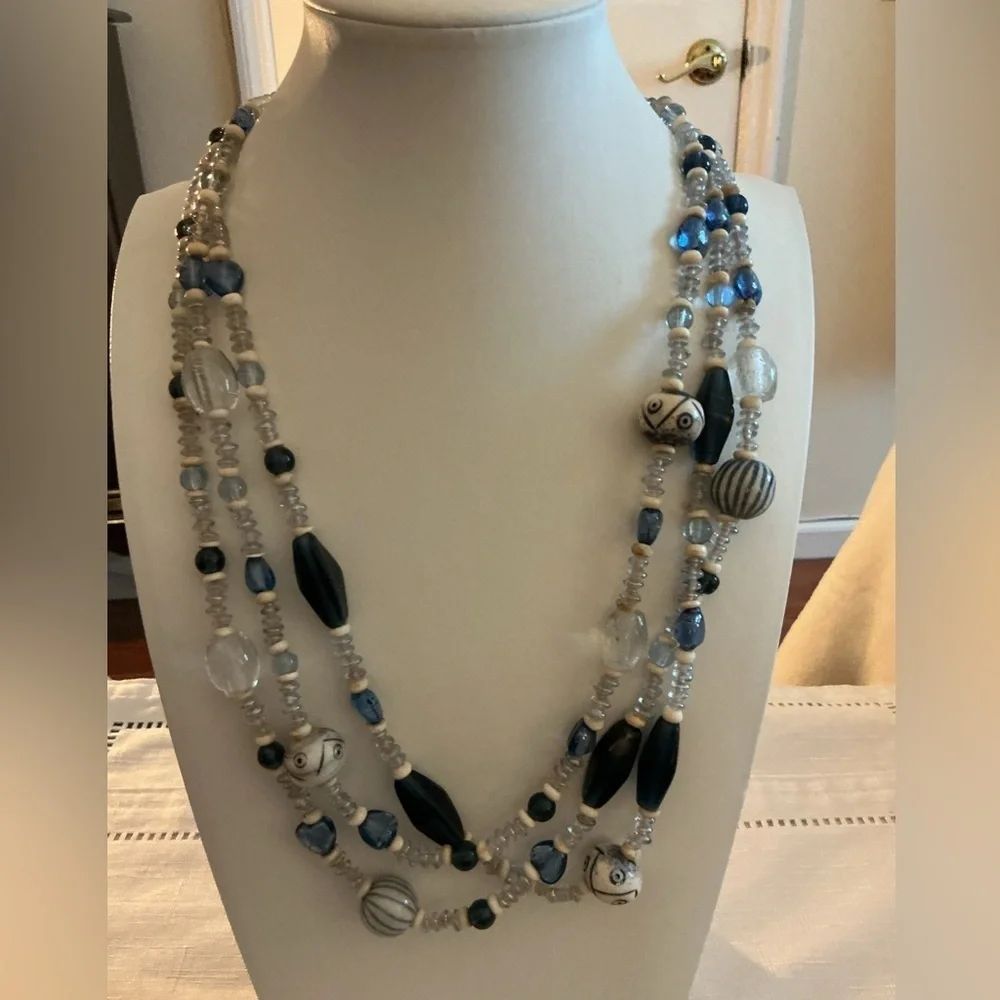 Blue and White Glass Multi Strand Silver Tone Statement Necklace